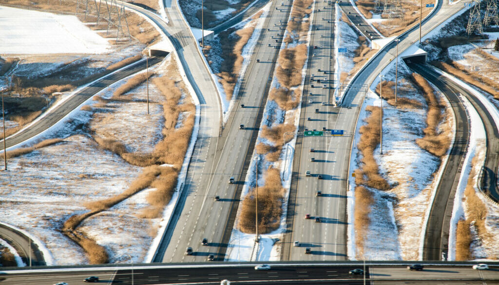 Highway 401, Approaching Toronto International Airport Near Brampton, Ontario - Aerial View